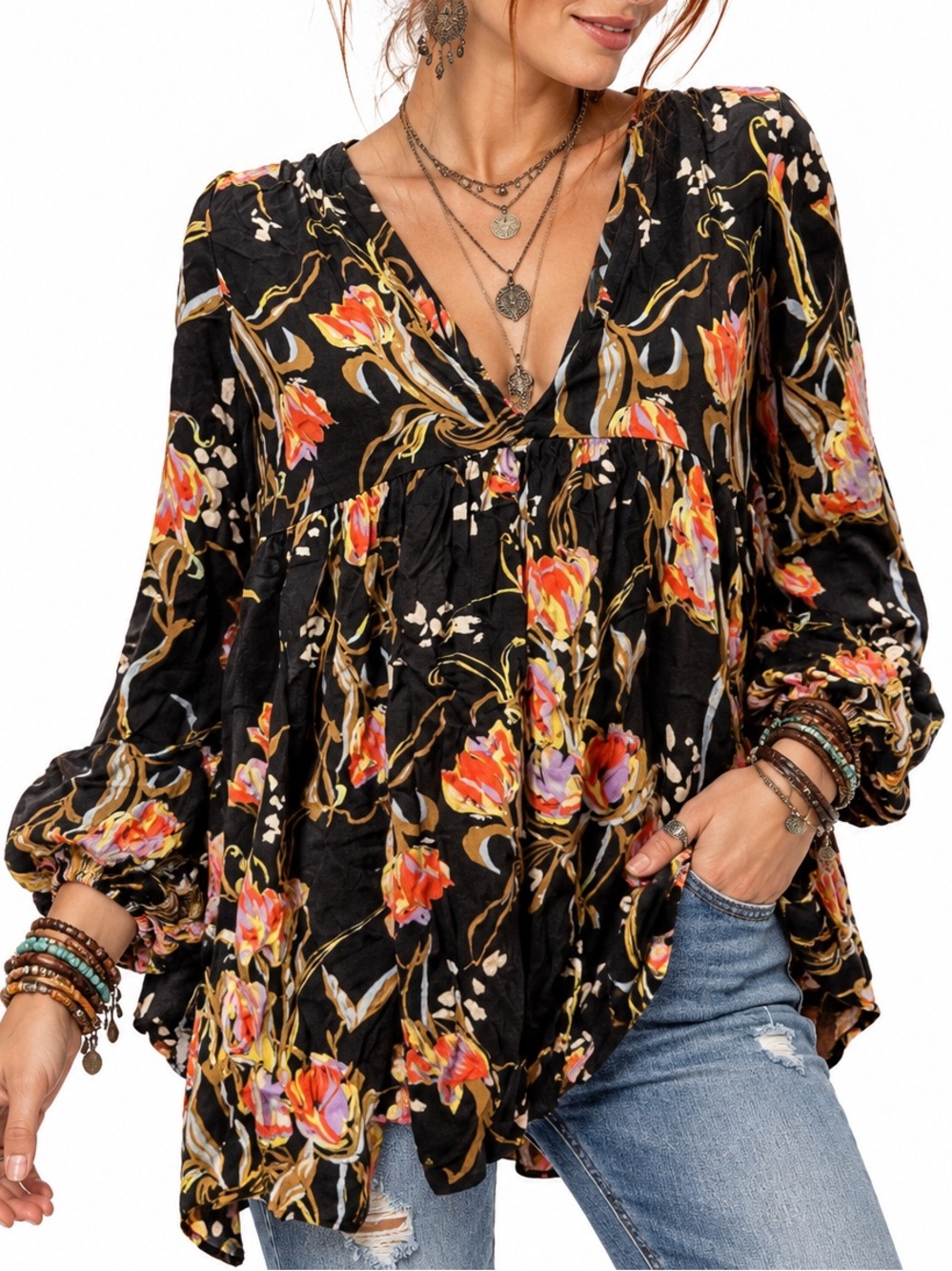 Free People Black Floral V-Neck Peasant Blouse boho romantic